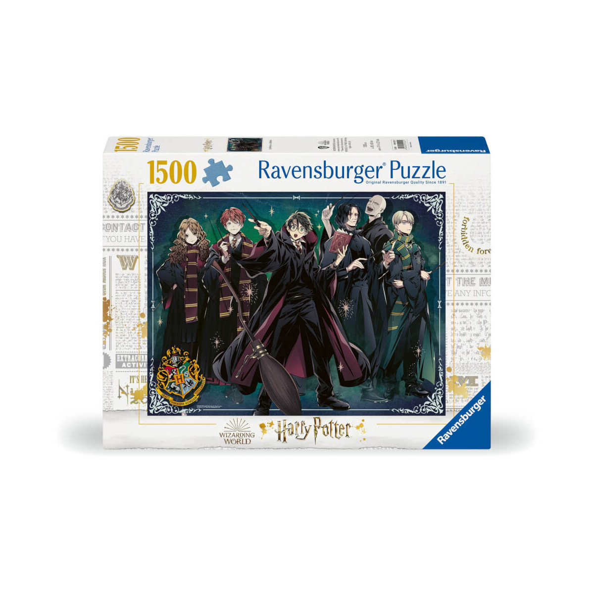 Ravensburger Puzzle mit 1500 Teilen: Harry-Potter-Charaktere in dunklen, dramatischen Outfits.