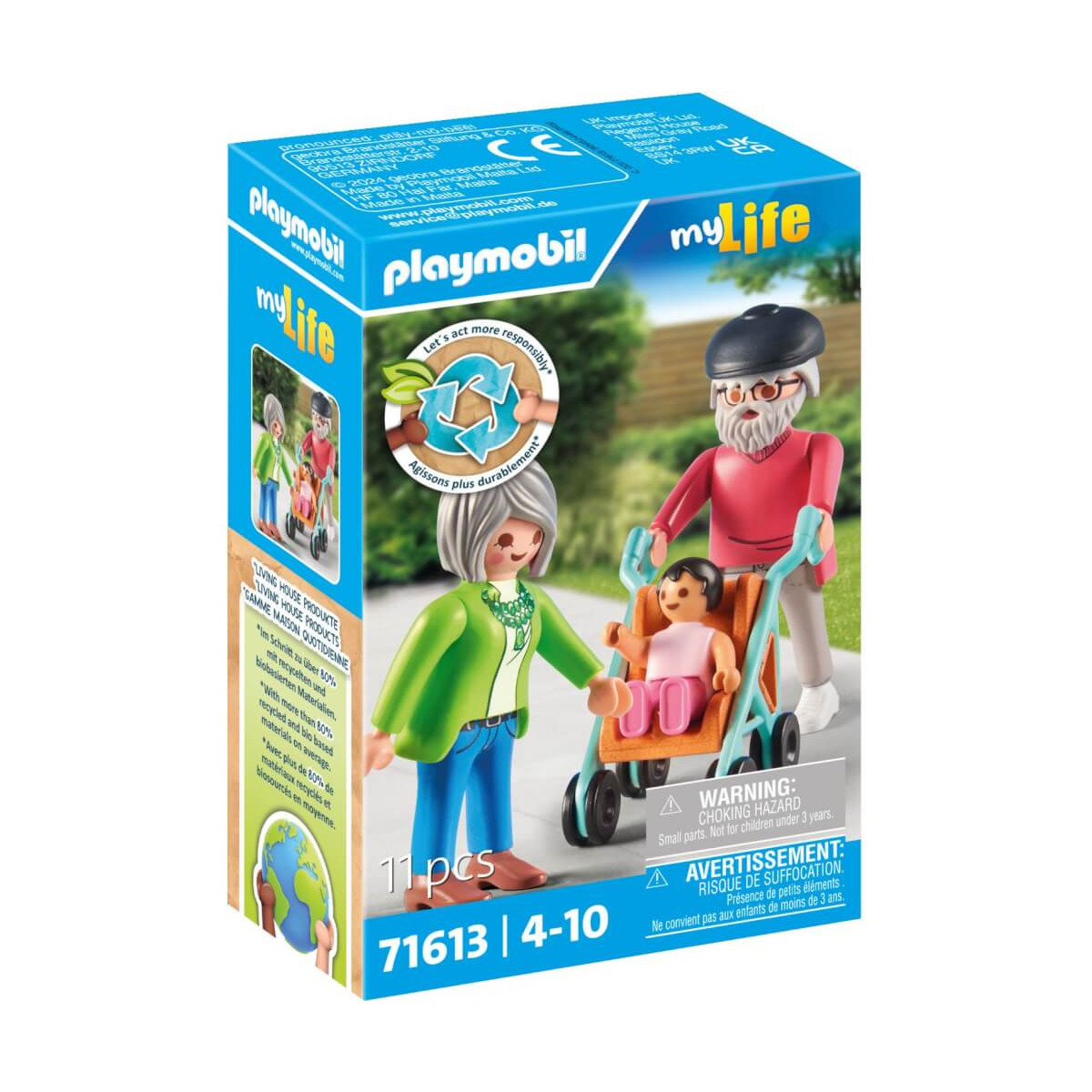 Playmobil-Set mit zwei Erwachsenen, die ein Kind im Rollstuhl schieben; ab 4 bis 10 Jahren.