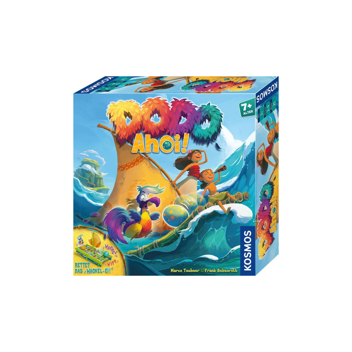 Bunte Spieleschachtel von Dodo Ahoi! mit Kindern und Dodo auf tropischer Insel und Wellen.
