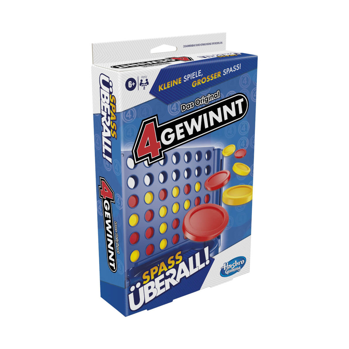 4 Gewinnt-Spiel mit roten und gelben Scheiben, blau-weißer Verpackung und deutschem Text.