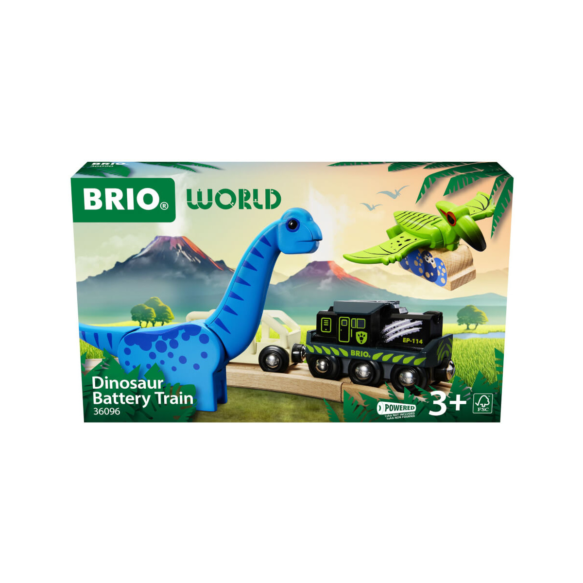 BRIO World Dinosaur Battery Train Set mit blauem Dinosaurier, grünem Zug und Flugsaurier.