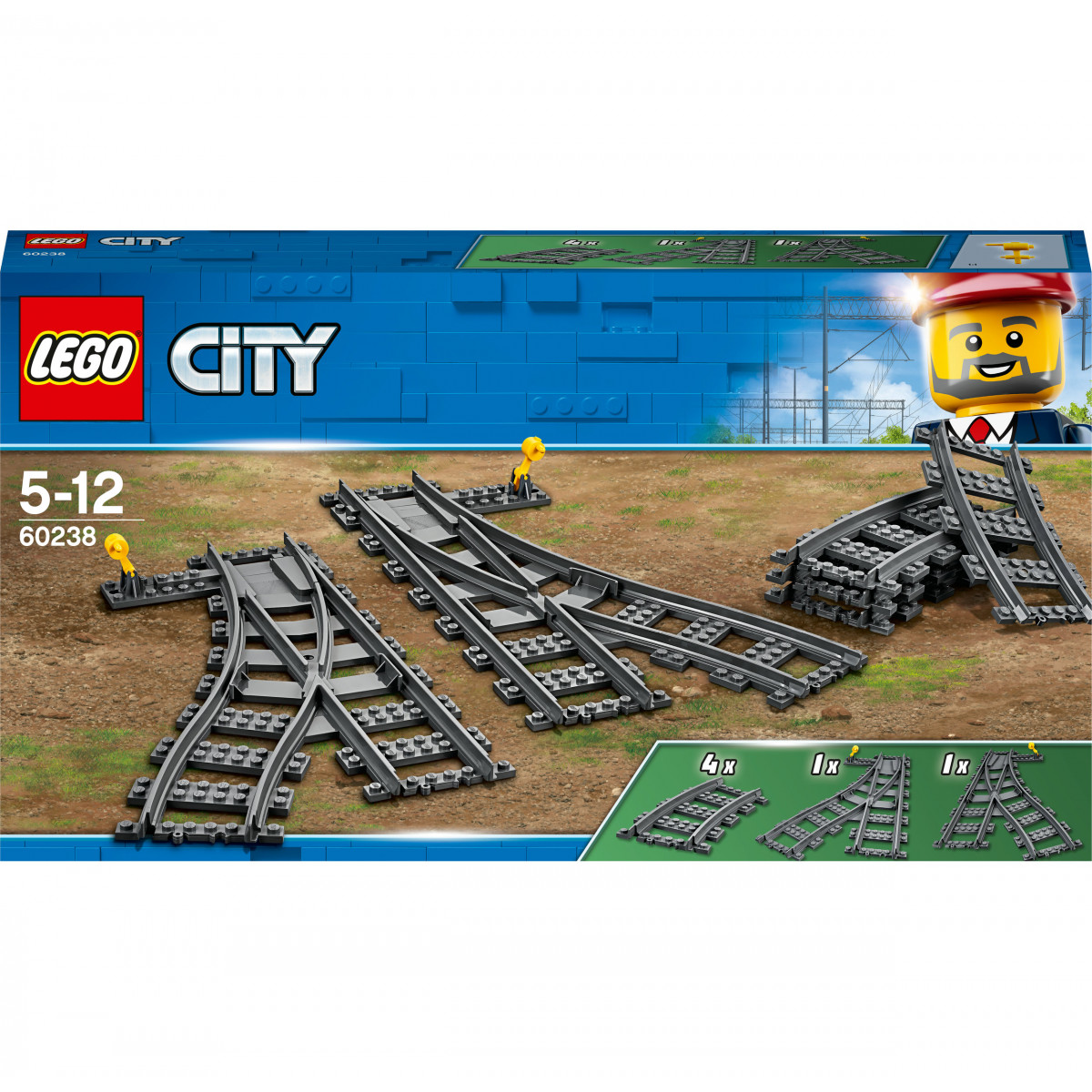 LEGO City Set 60238: Gebogene und Weichen-Gleise für Kinder von 5-12 Jahren, abgebildet auf blauem Hintergrund.