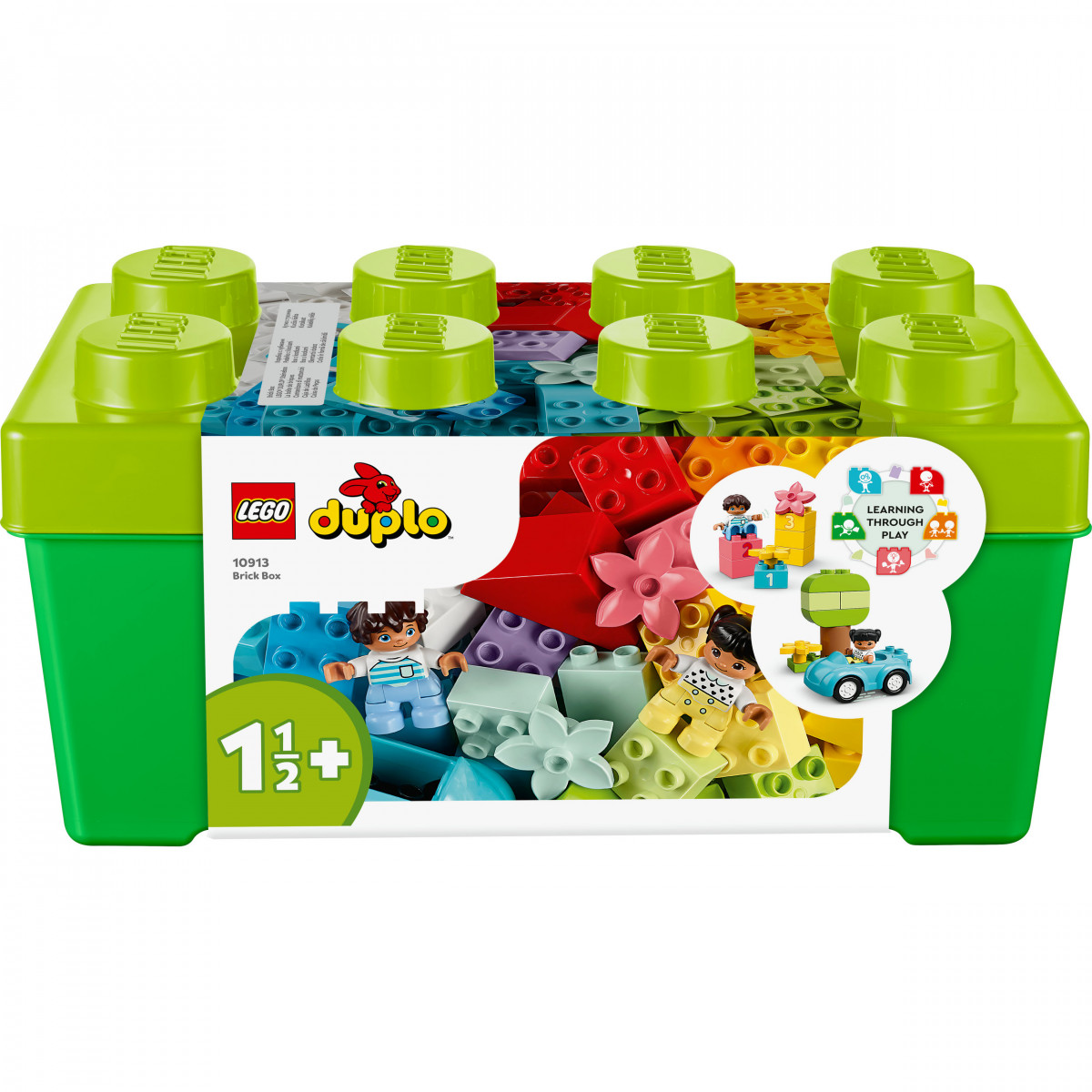 Grüne LEGO DUPLO Box ab 1,5 Jahren, gefüllt mit bunten Bausteinen, auf weißem Hintergrund.