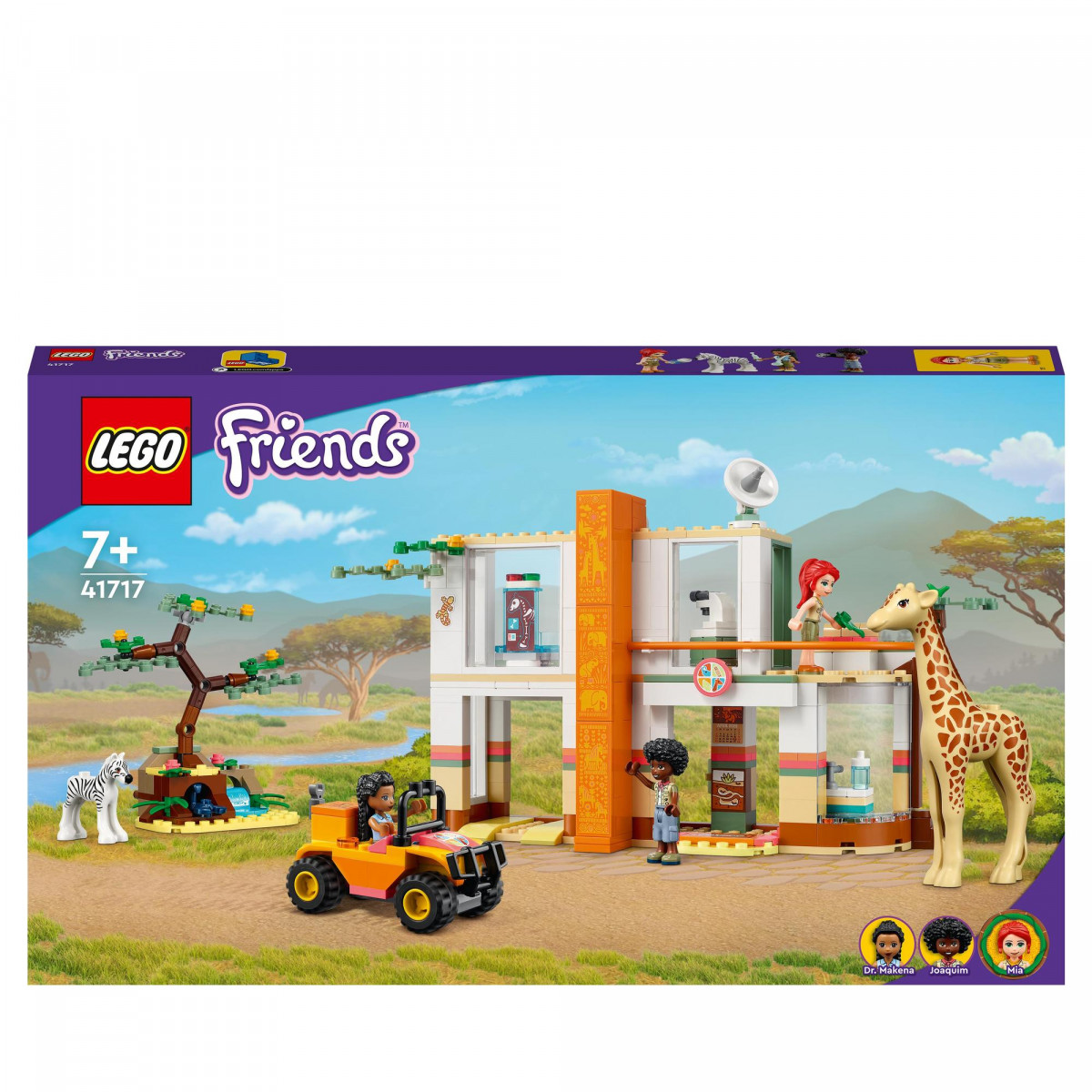 LEGO Friends: Safari-Lodge mit Giraffe, Zebra, Jeep, drei Minifiguren und afrikanischer Landschaft.