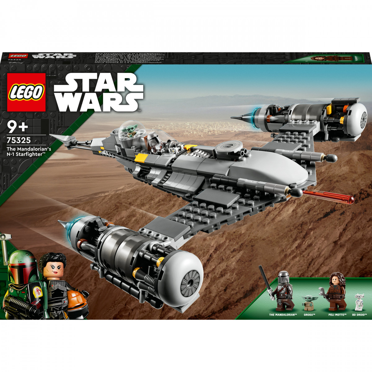 LEGO Star Wars-Set: Mandalorians N-1 Starfighter mit Minifiguren und fliegendem Raumschiff auf der Verpackung.