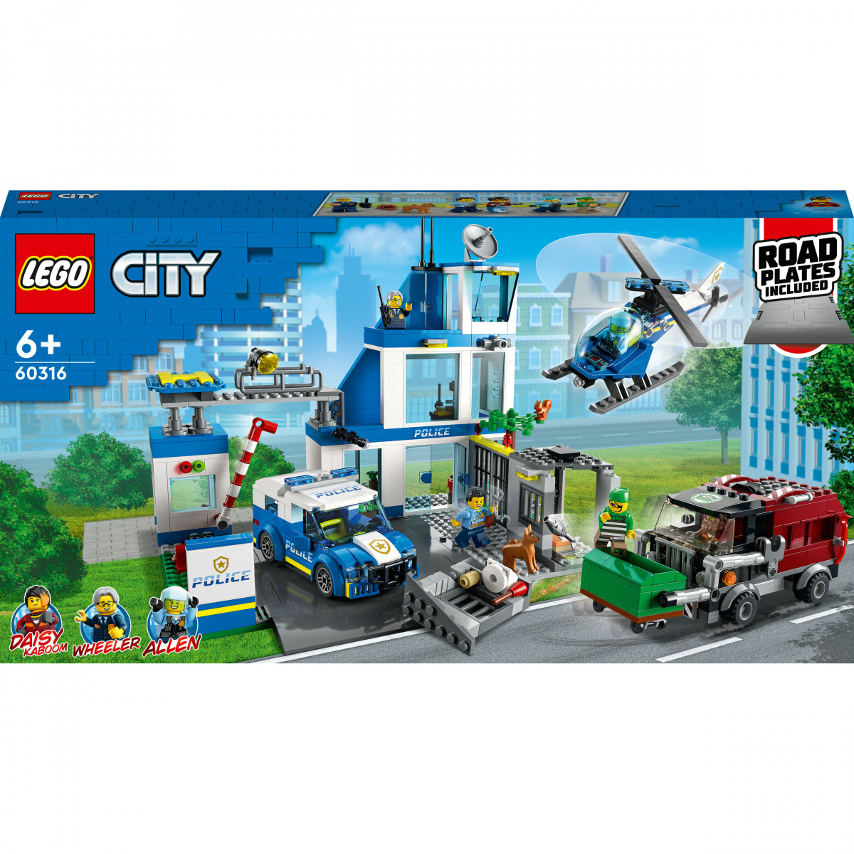 LEGO City Polizei-Station mit Polizeiauto, Hubschrauber, Van und Minifiguren auf der Verpackung.
