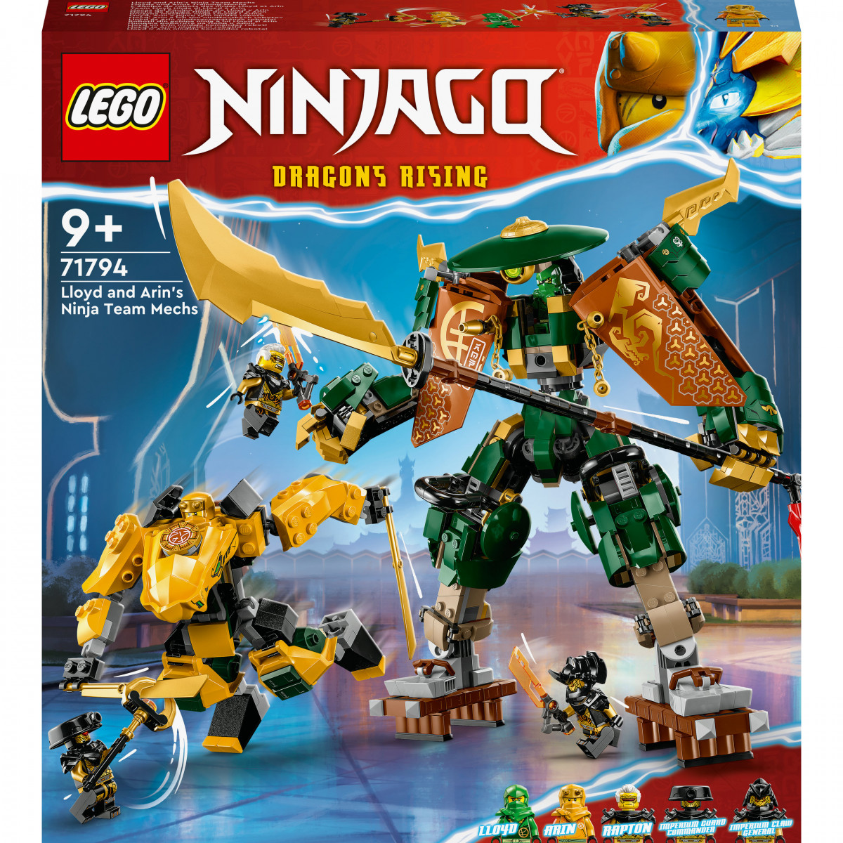 LEGO Ninjago Dragons Rising Set mit zwei Mechs, Minifiguren und Zubehör laut Abbildung auf der Verpackung.