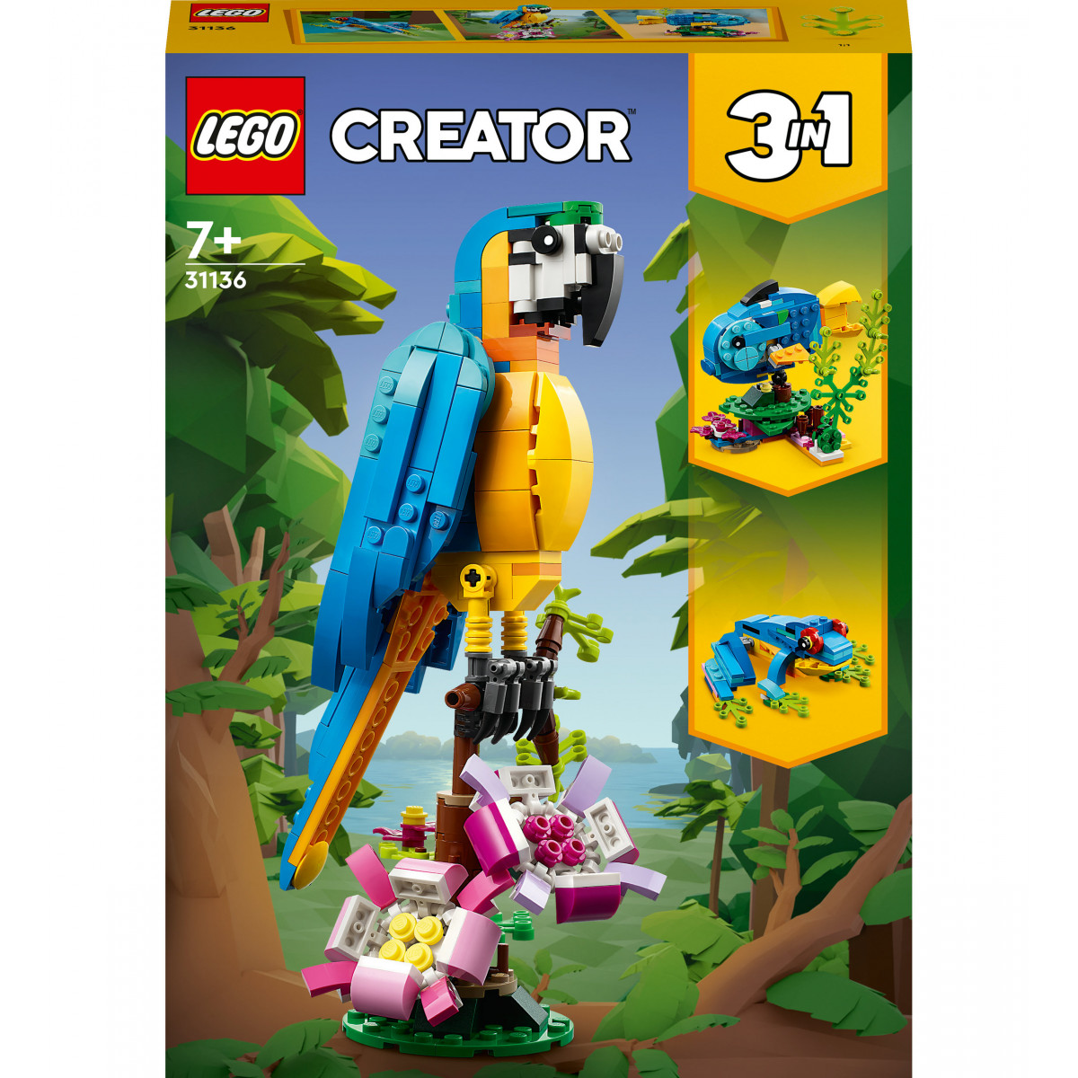 LEGO Creator 3-in-1-Set mit Papagei, Frosch und Fisch vor einem Dschungelhintergrund.