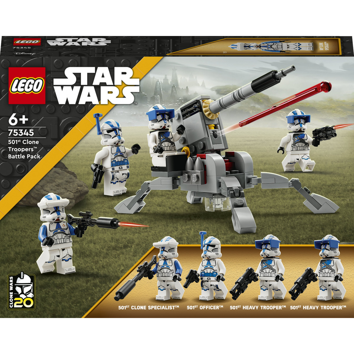 LEGO Star Wars Set mit 501st Clone Troopers und grauer Kanone in grüner Landschaft.
