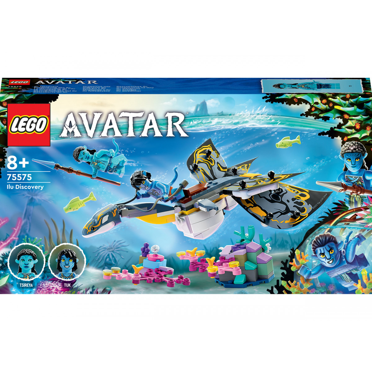 LEGO Avatar Ilu Discovery Set zeigt Unterwasserszene mit Figuren, Meerestieren und farbenfrohen Korallen.