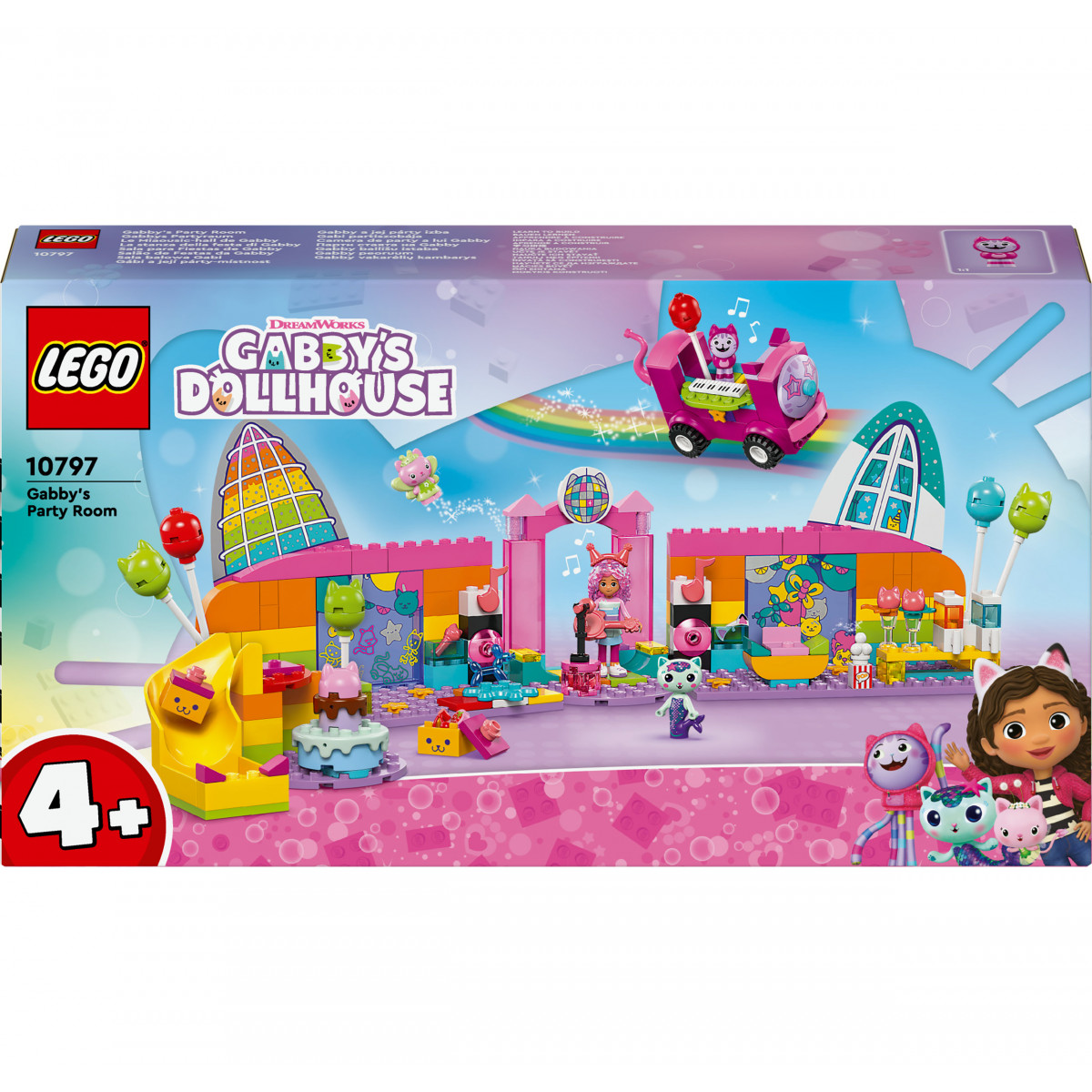 LEGO Gabby's Dollhouse Party Room: Bunte Box mit Cartoonfiguren und Altersangabe 4+.