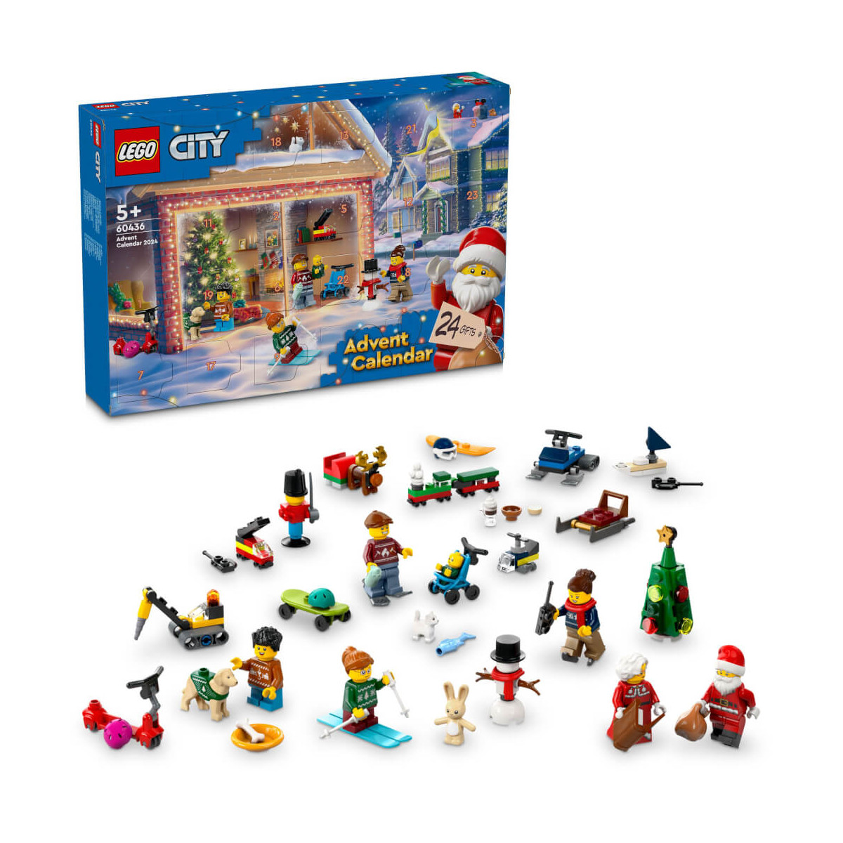 LEGO City Adventskalender-Box mit kleinen Figuren und weihnachtlichen Zubehörteilen vorne abgebildet.