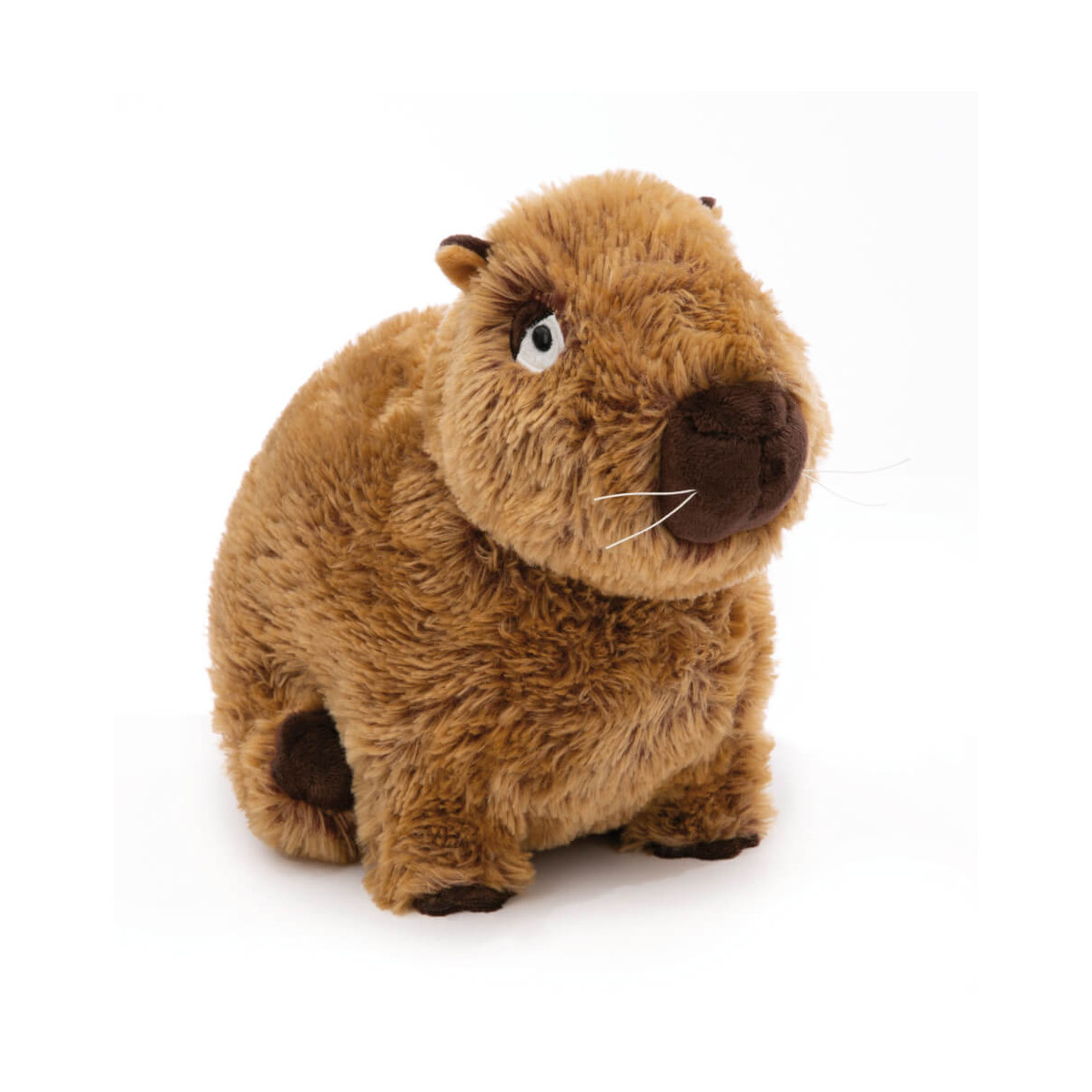 Ein Plüsch-Capybara mit braunem Fell und rundem Körper sitzt auf weißem Hintergrund.