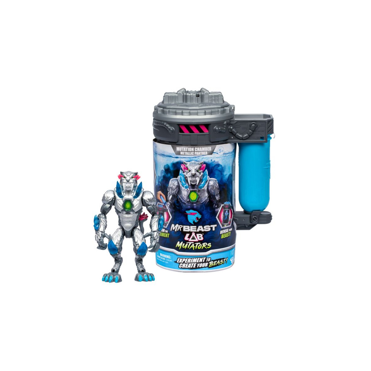 MrBeast Lab Mutators Spieleset mit Roboter-Wolfsfigur und blau-grauem, wissenschaftlichem Behälter.