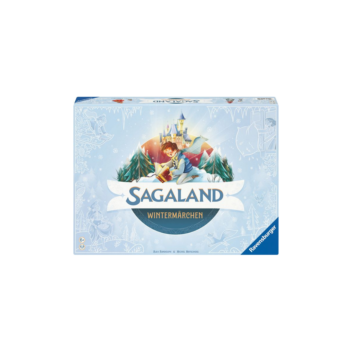 Sagaland Wintermärchen: Brettspielbox mit winterlicher Schloss-Szene auf blauem Hintergrund.