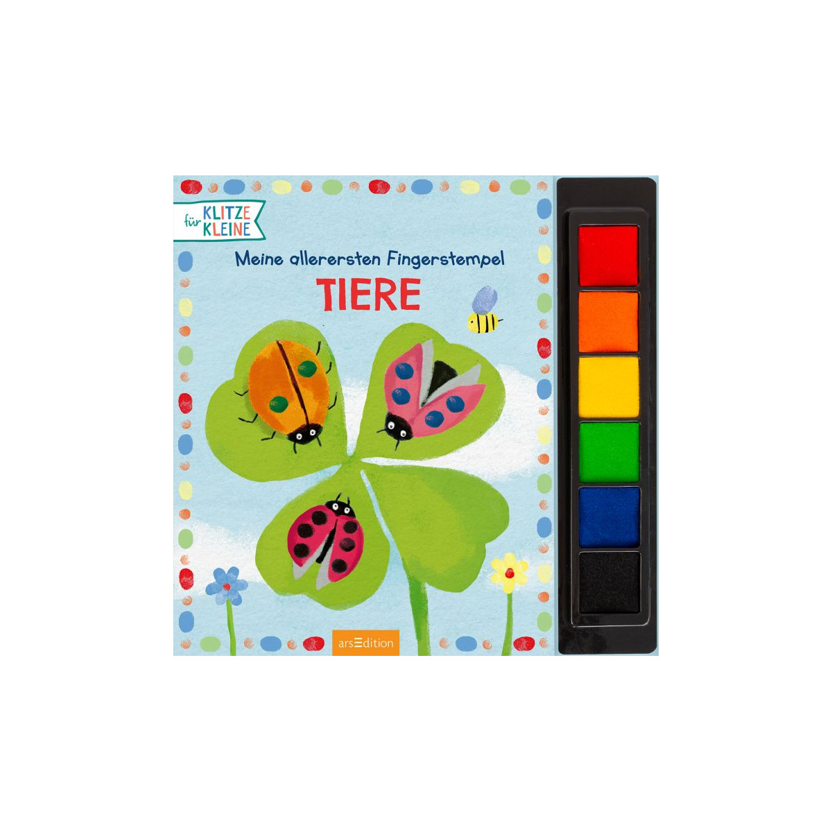Kinderbuchcover: Fingerabdruck-Kunst mit bunten Marienkäfern, einer Biene und Farbpaletten am Rand.