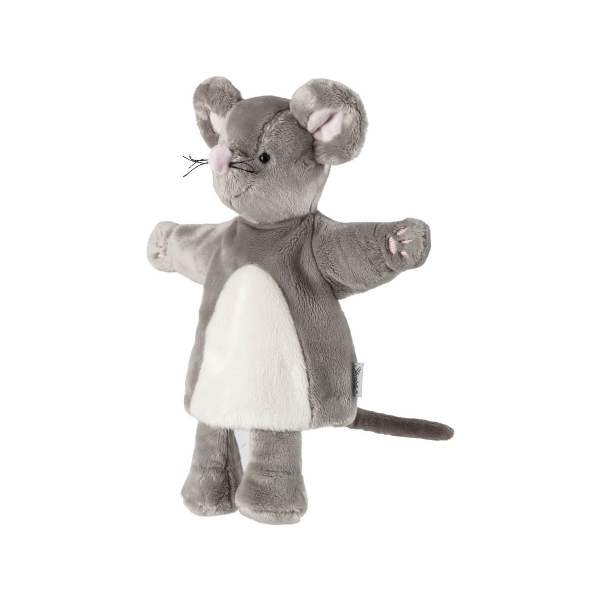 Grau-weiße Mäuse-Handpuppe mit rosa Ohren und Nase, stehend vor weißem Hintergrund.