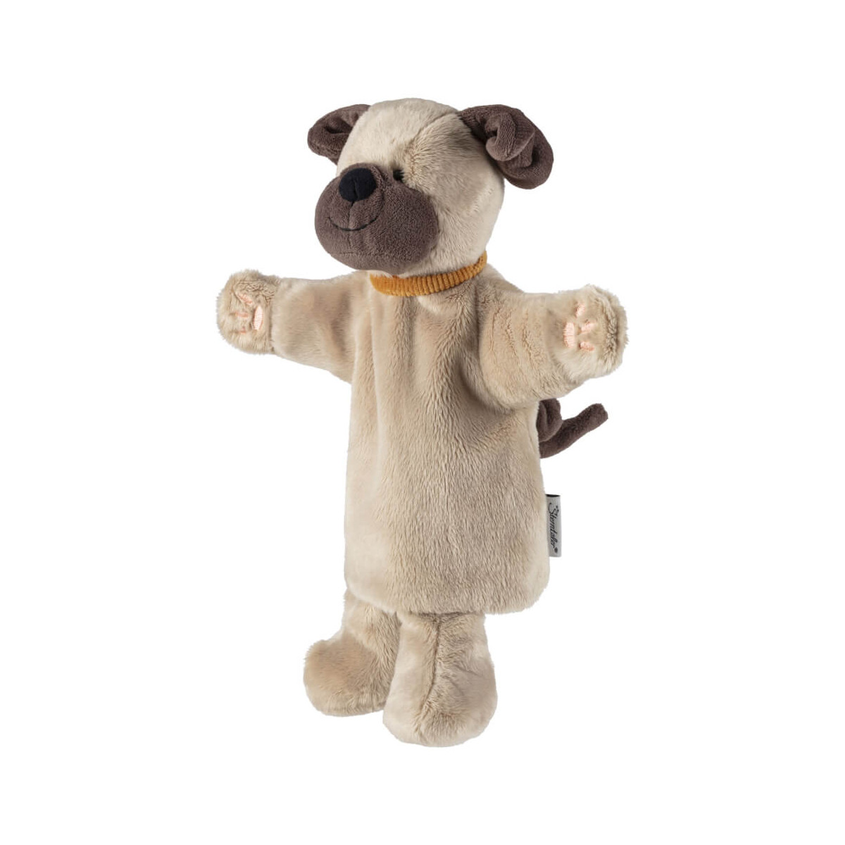 Plüschhund-Handpuppe mit beigem Fell, dunklen Ohren und ausgestreckten Armen vor weißem Hintergrund.