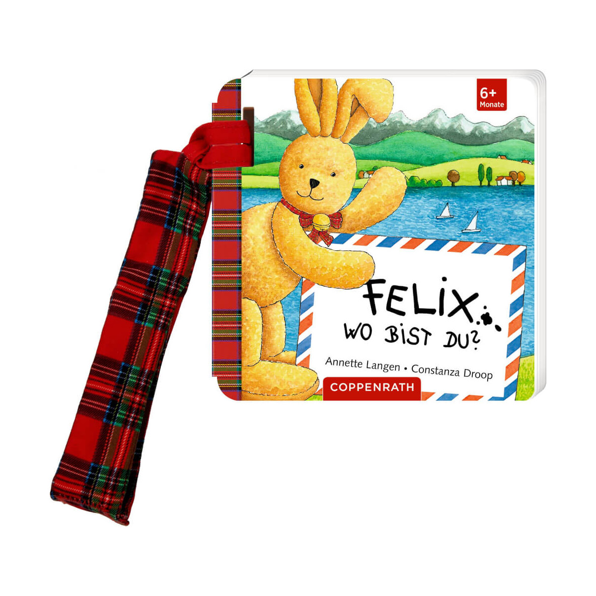 Kinderbuch „Felix, wo bist du?“ mit Plüschhase und rotem Karoband als Zubehör.