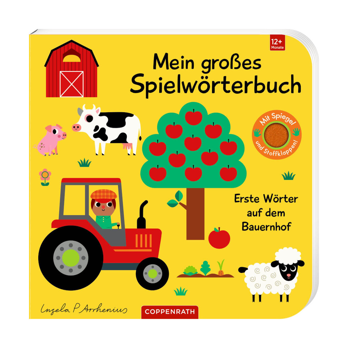 Farbenfrohes deutsches Kinderbuchcover mit Bauernhoftieren, Traktor, Apfelbaum und Scheune als Illustration.