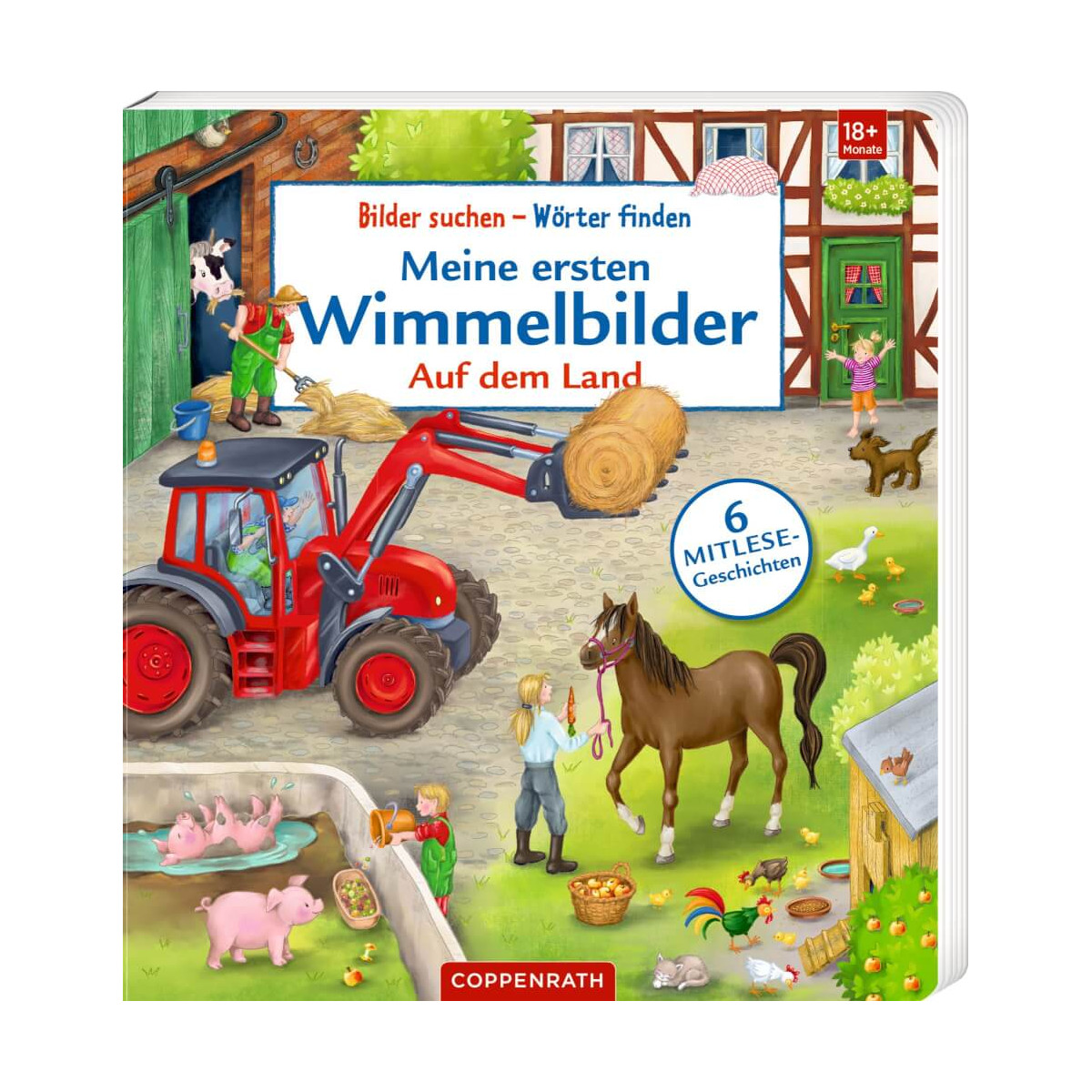 Kinderbuchcover mit Bauernhofszene: Traktor, Tiere, Menschen; deutscher Titel zu Bauernhof-Bildergeschichten.