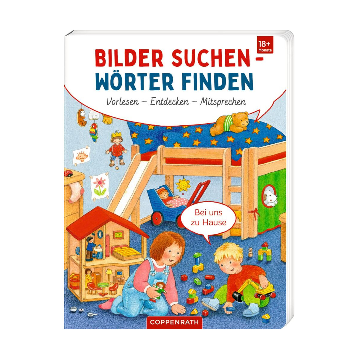 Kinder spielen im bunten Zimmer mit Spielzeug; Oben sind deutscher Text und Buchtitel sichtbar.