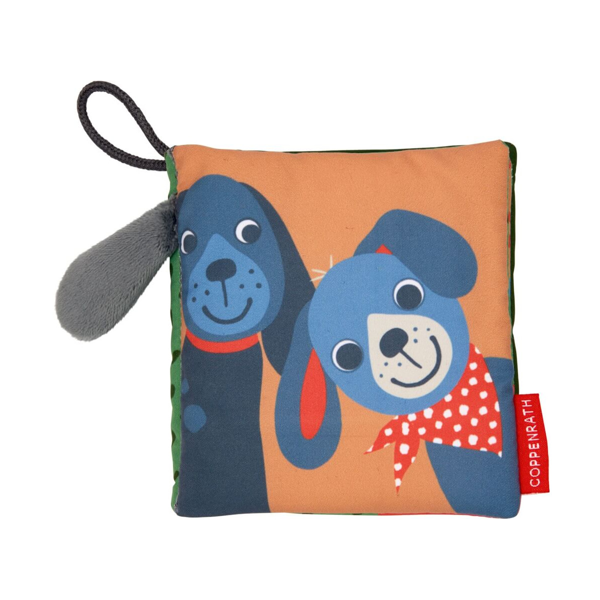 Quadratisches Stoffspielzeug mit Abbildungen zweier lächelnder blauer Hunde, einer trägt ein rotes gepunktetes Halstuch.