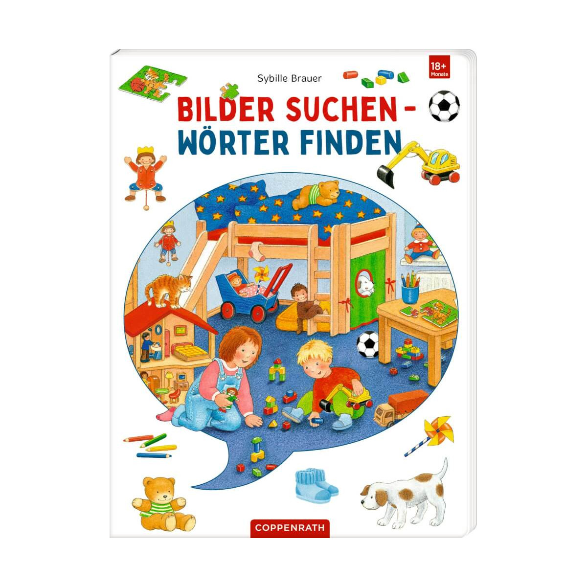 Kinder spielen in einem bunten Spielzimmer; Das Buchcover zeigt deutschen Text und spielerische Illustrationen.