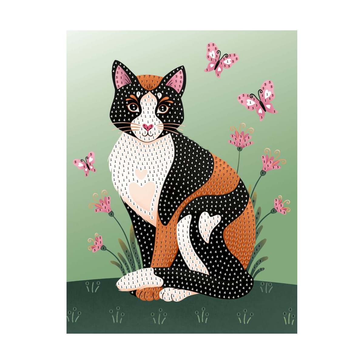Kalikatze sitzt zwischen rosa Blumen und Schmetterlingen auf grünem Hintergrund.