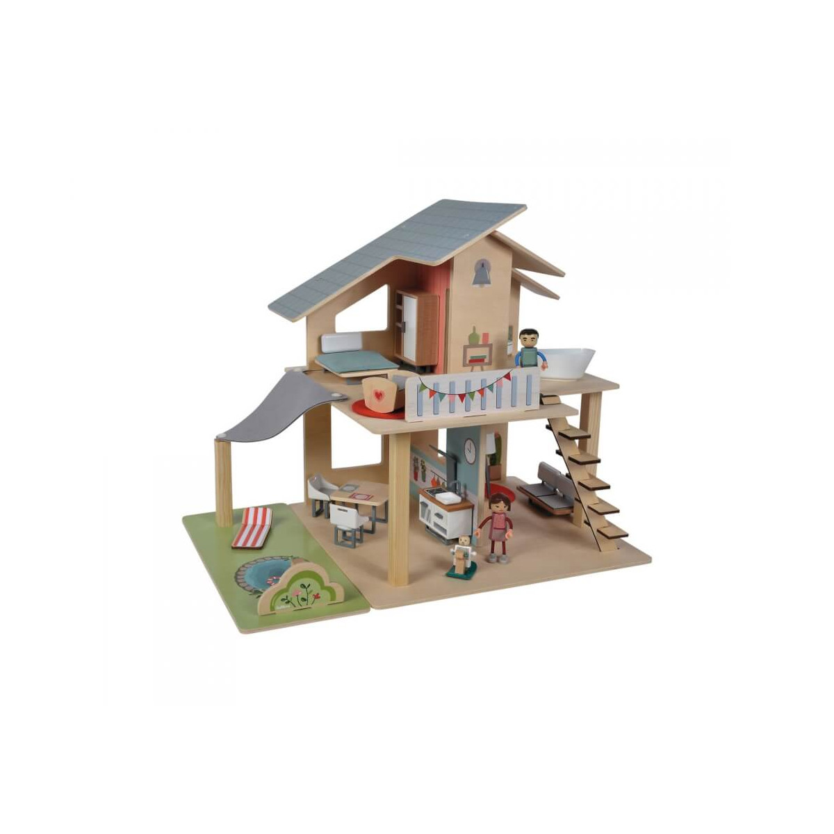 Puppenhaus aus Holz mit Möbeln, zwei Puppen, Hundefigur und Rutsche auf der linken Seite.