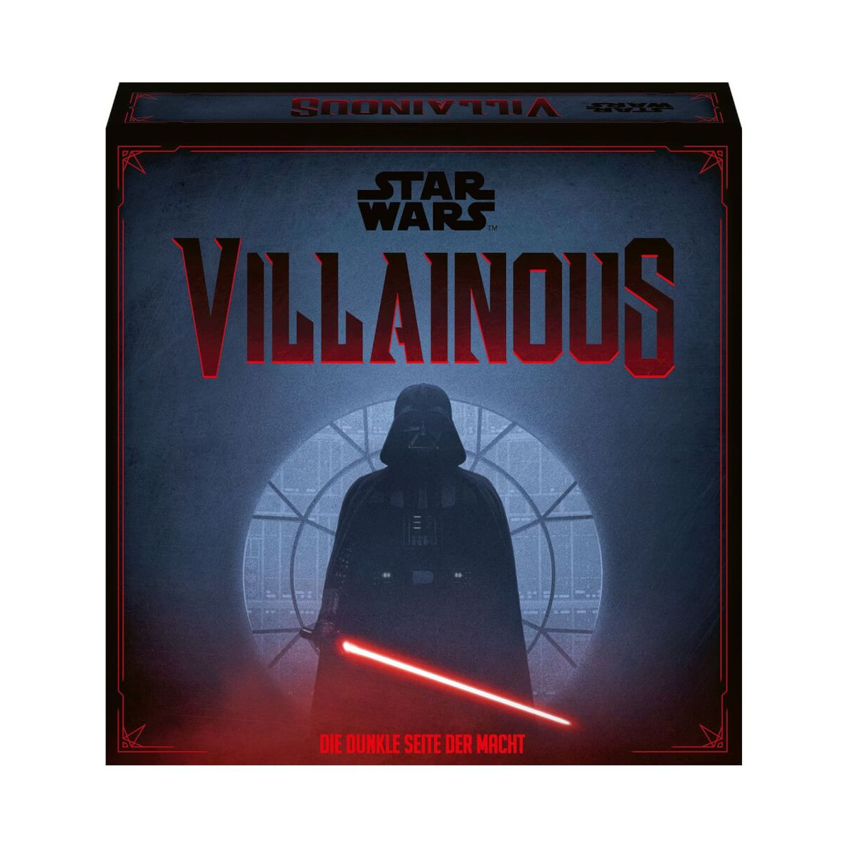 Star Wars Villainous: Spielbox zeigt Darth Vader mit rotem Lichtschwert vor einem Fenster.