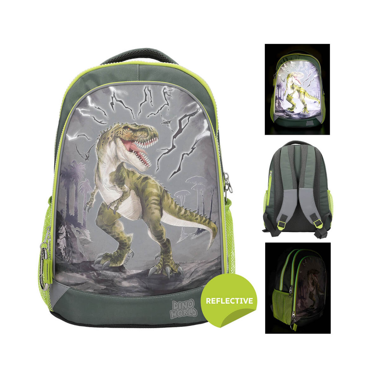 Rucksack im Dinosaurier-Design mit reflektierenden Details, abgebildet von vorne, hinten und leuchtend im Dunkeln.