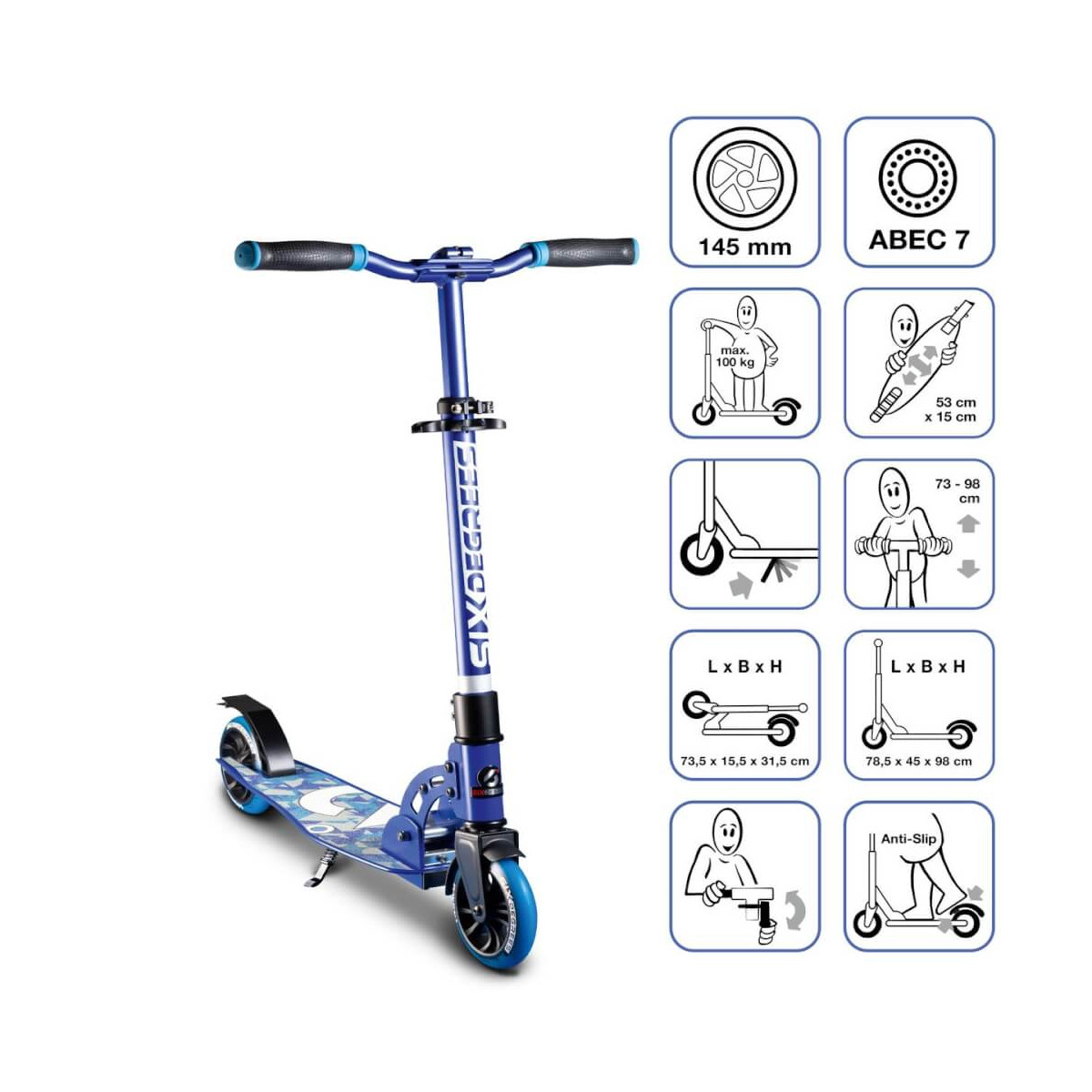 SIX DEGREES Aluminium Scooter Junior 145 mm blau
