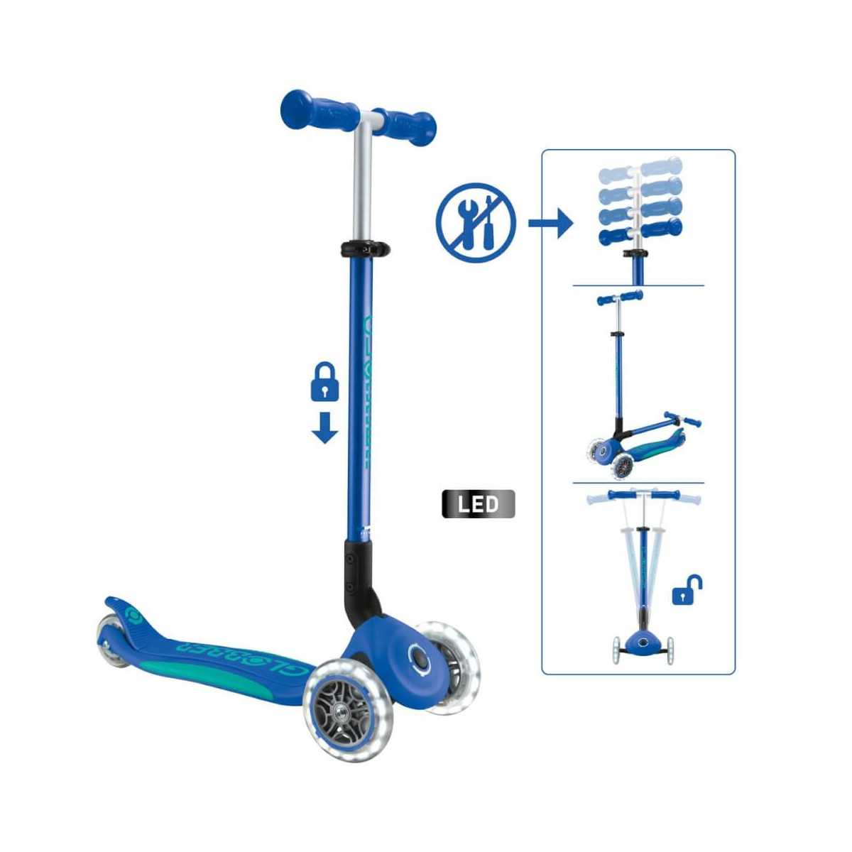 GLOBBER PRIMO FOLDABLE PLUS LIGHTS dunkelblau türkis, mit Leuchtrollen