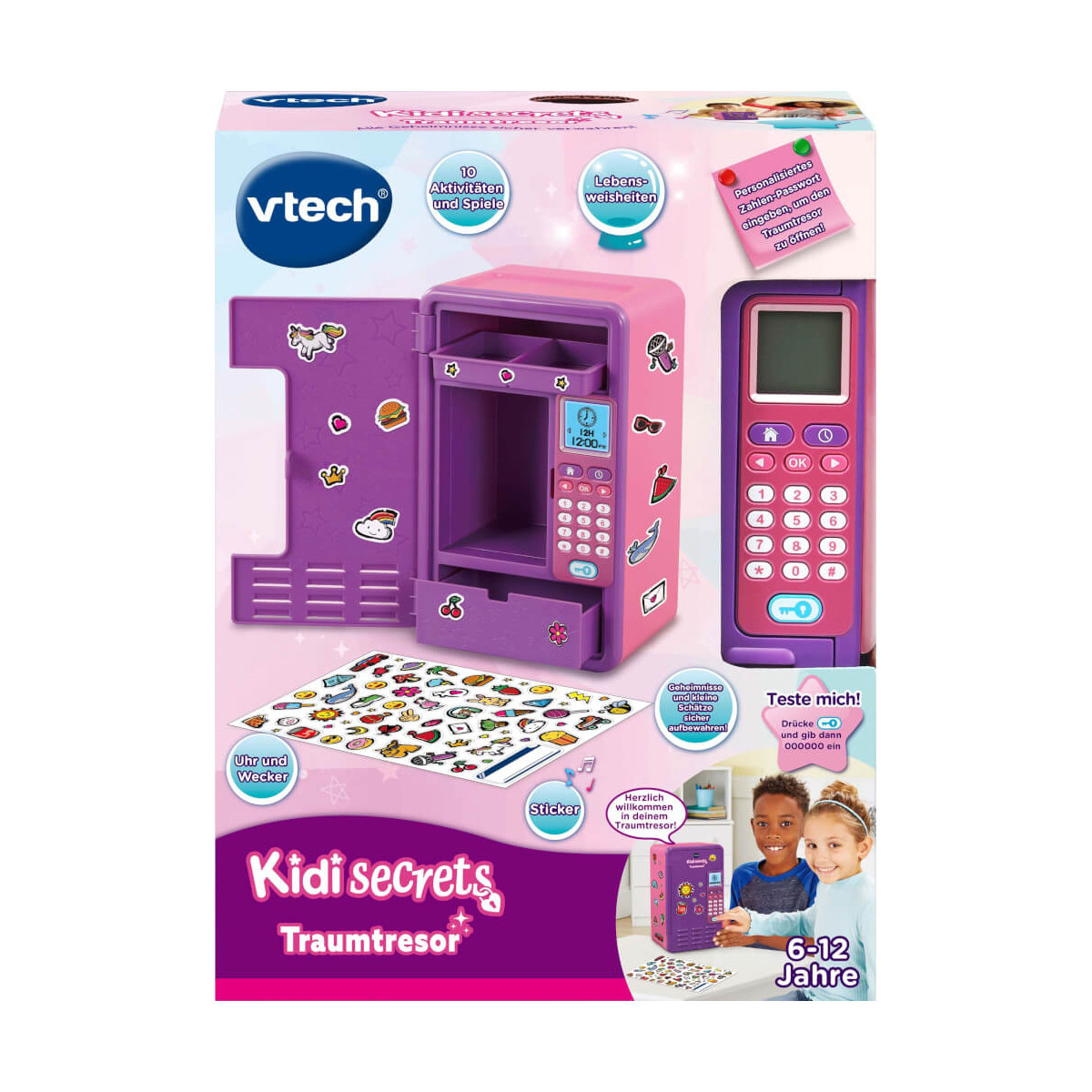 VTech Kidi Secrets Traumtresor: Spielzeugtresor mit Tastenfeld, Stickern und abgebildeten Kindern auf der Verpackung.