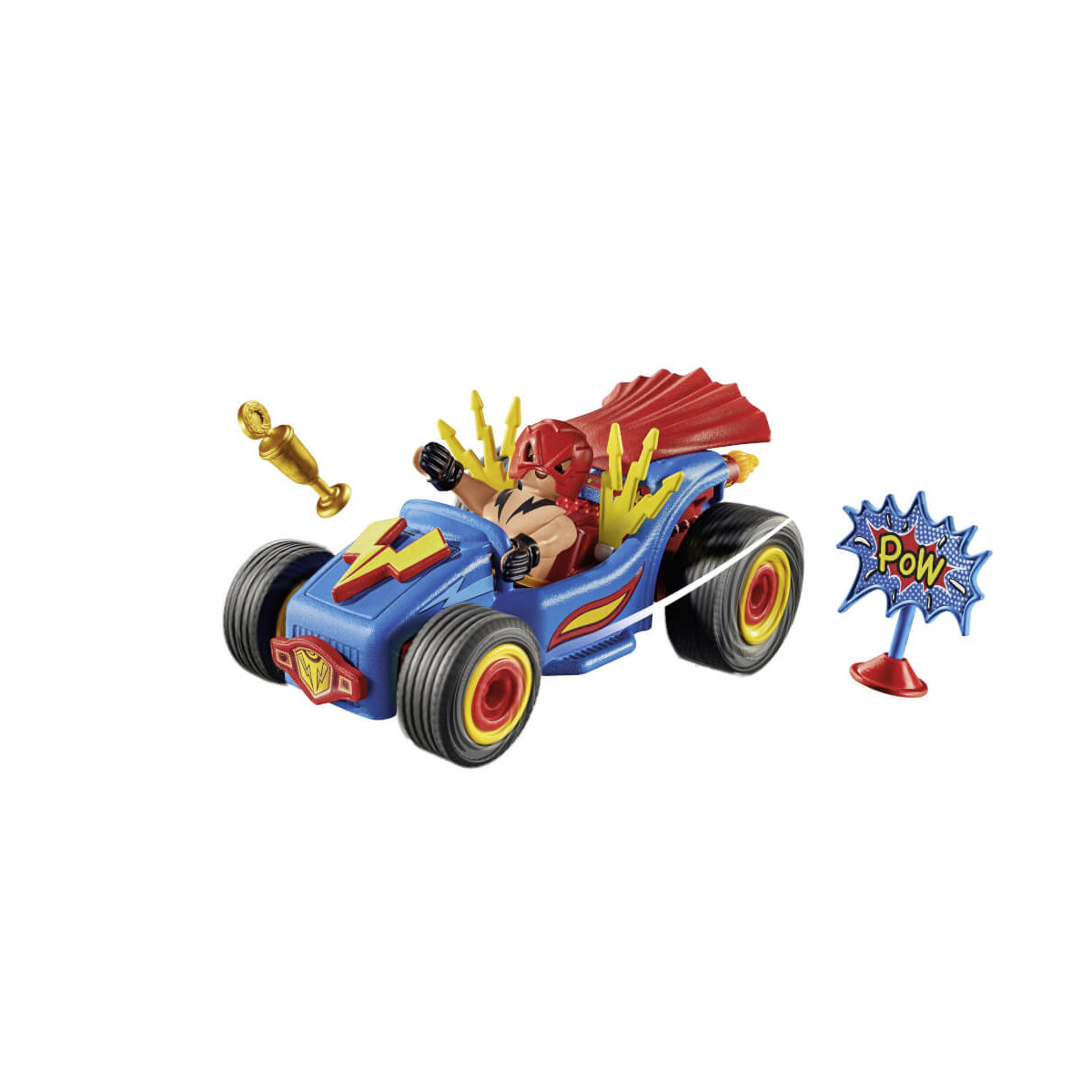 Spielzeugauto in Blau und Rot mit Superheldenfigur, Pokal und Comic-Pow!-Schild.
