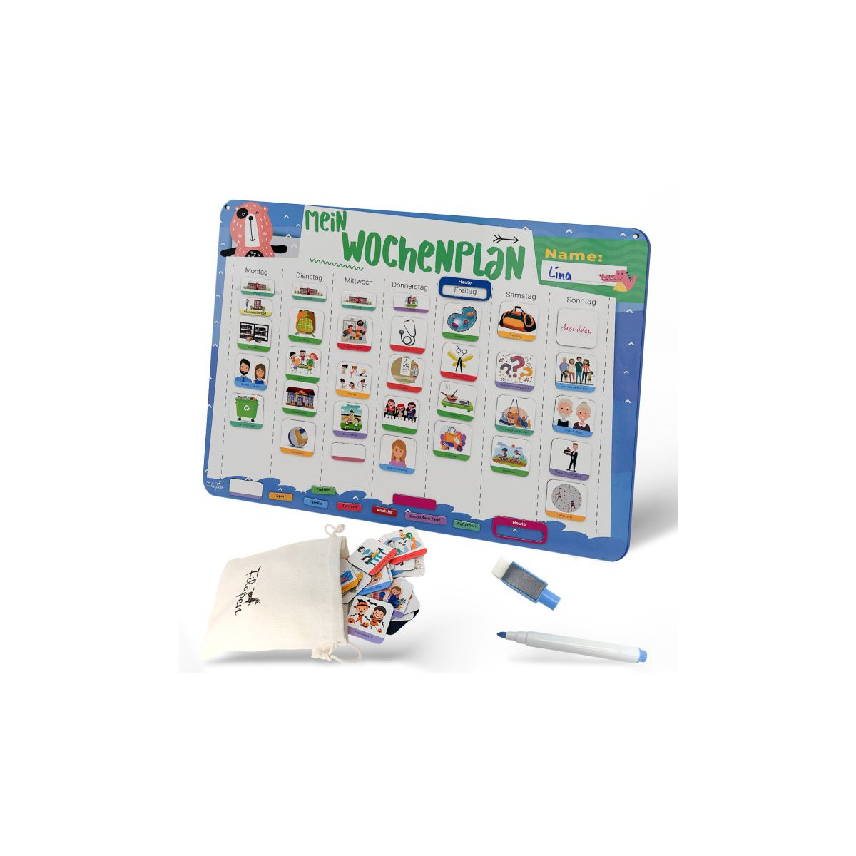 Magnetischer Wochenplaner für Kinder mit illustrierten Aktivitätskacheln, Stift und Aufbewahrungstasche.