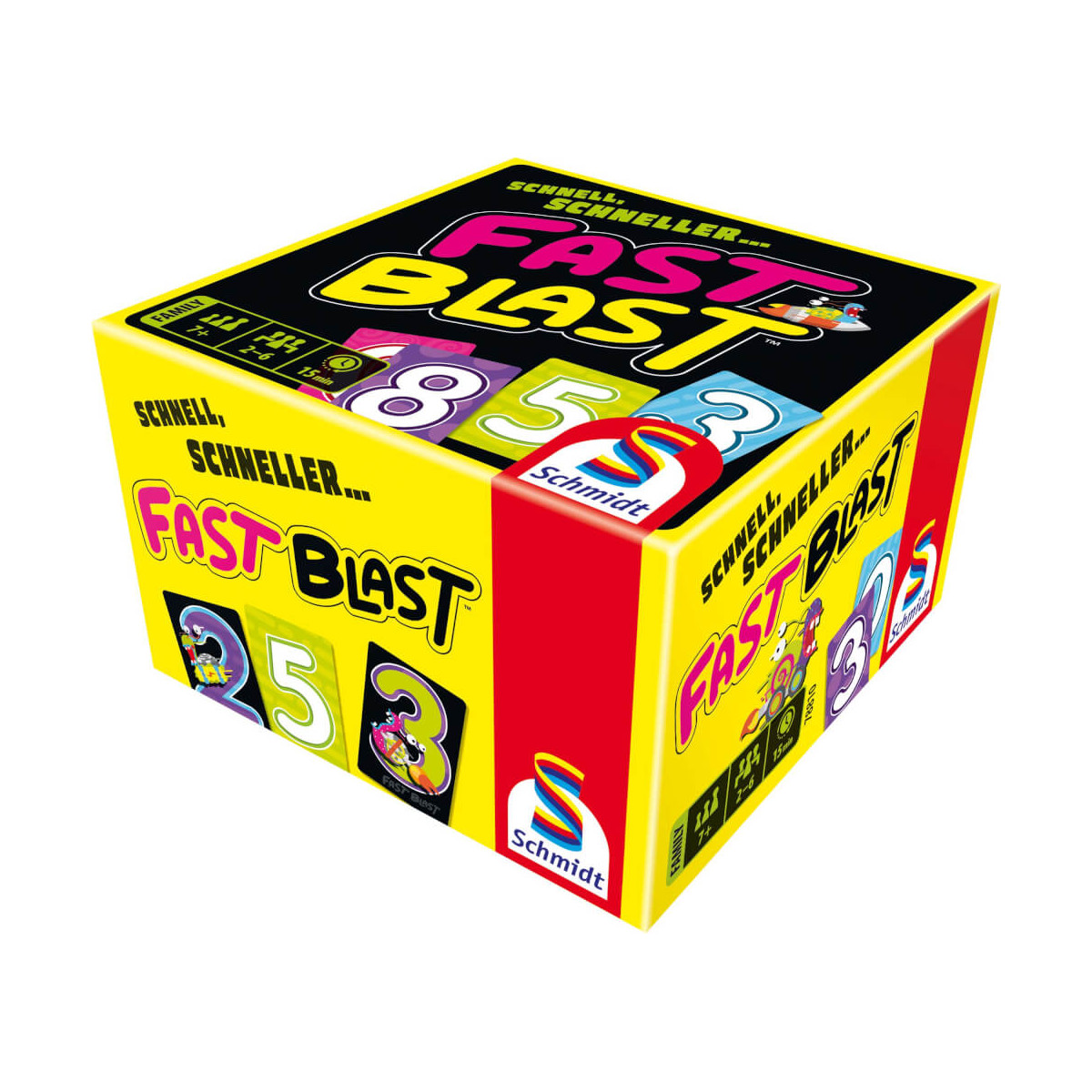 Bunte Fast Blast-Spielbox mit Zahlen und Cartoonfiguren auf weißem Hintergrund.