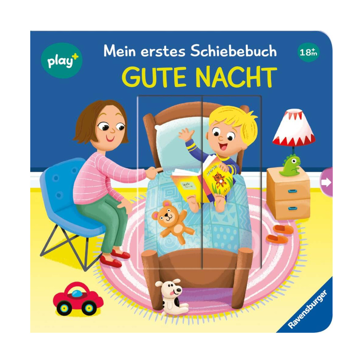 Eine Frau liegt einem Kind im Bett vor, während Spielzeug auf dem Teppich und ein Teddy im Bett liegen.