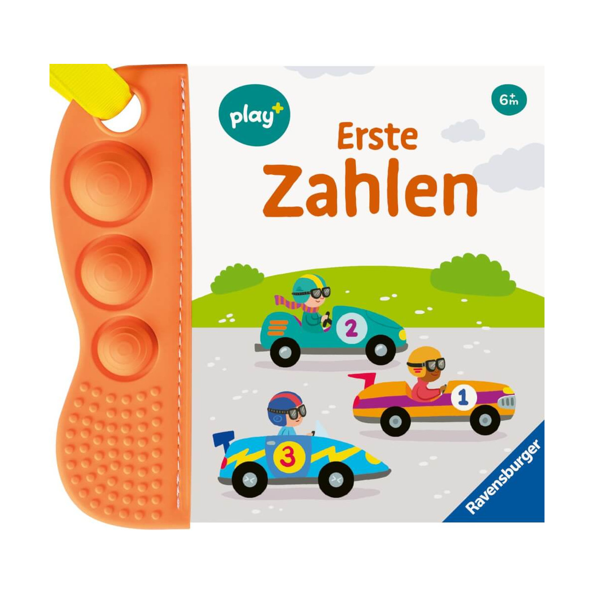Weiches Babybuch von Ravensburger mit bunten Rennautos und Fahrern, Titel: Erste Zahlen.