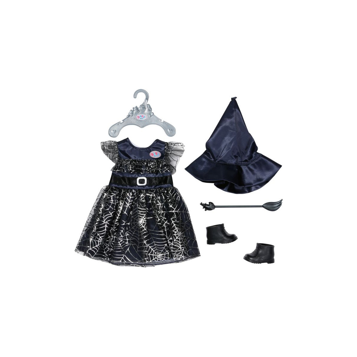 Kinder-Hexenkostüm: Schwarzes Kleid, Hut, Besen und schwarze Stiefel auf weißem Hintergrund präsentiert.