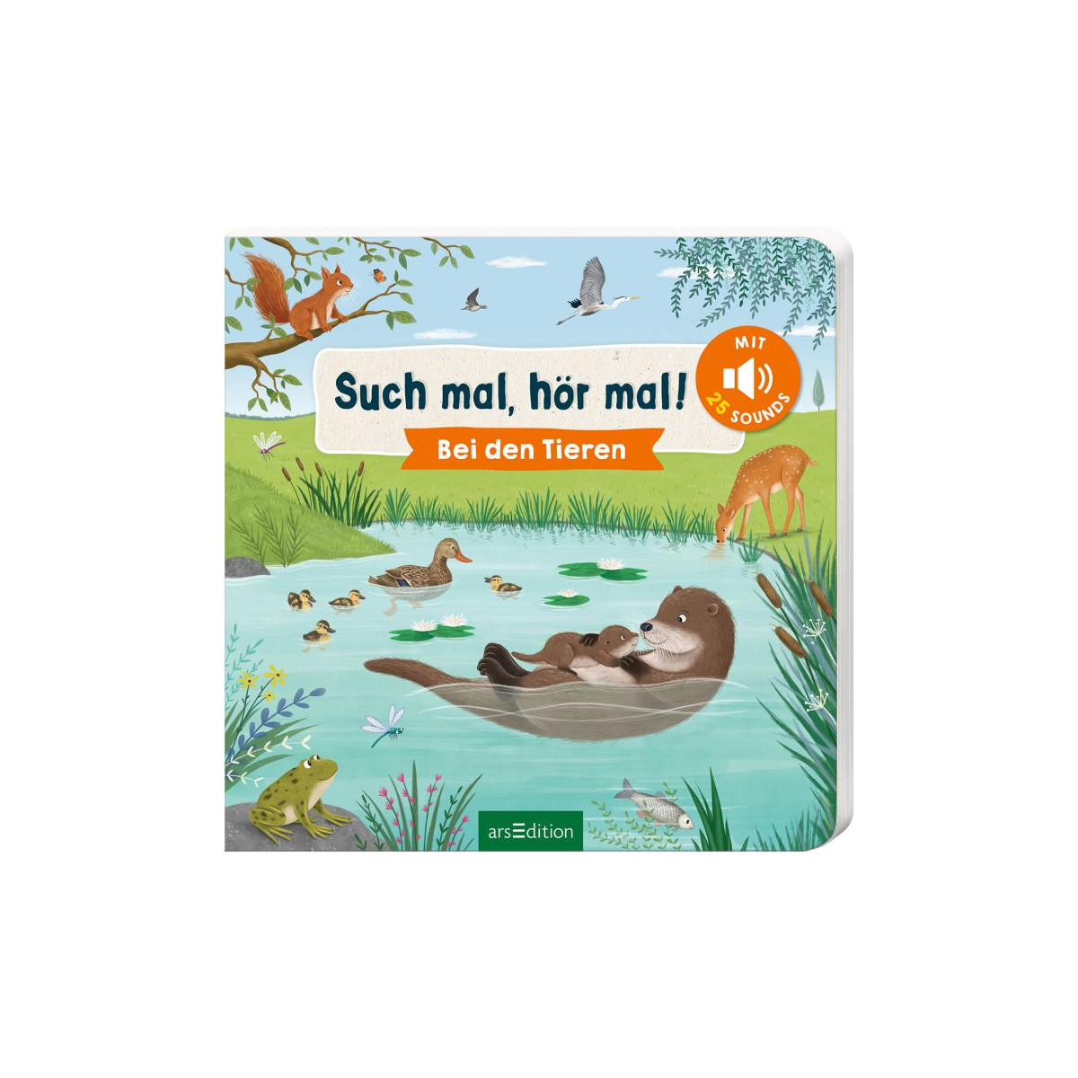 Kinderbuchcover mit Tieren am Teich: Enten, Frösche, Vögel und ein Otter treiben auf dem Rücken.