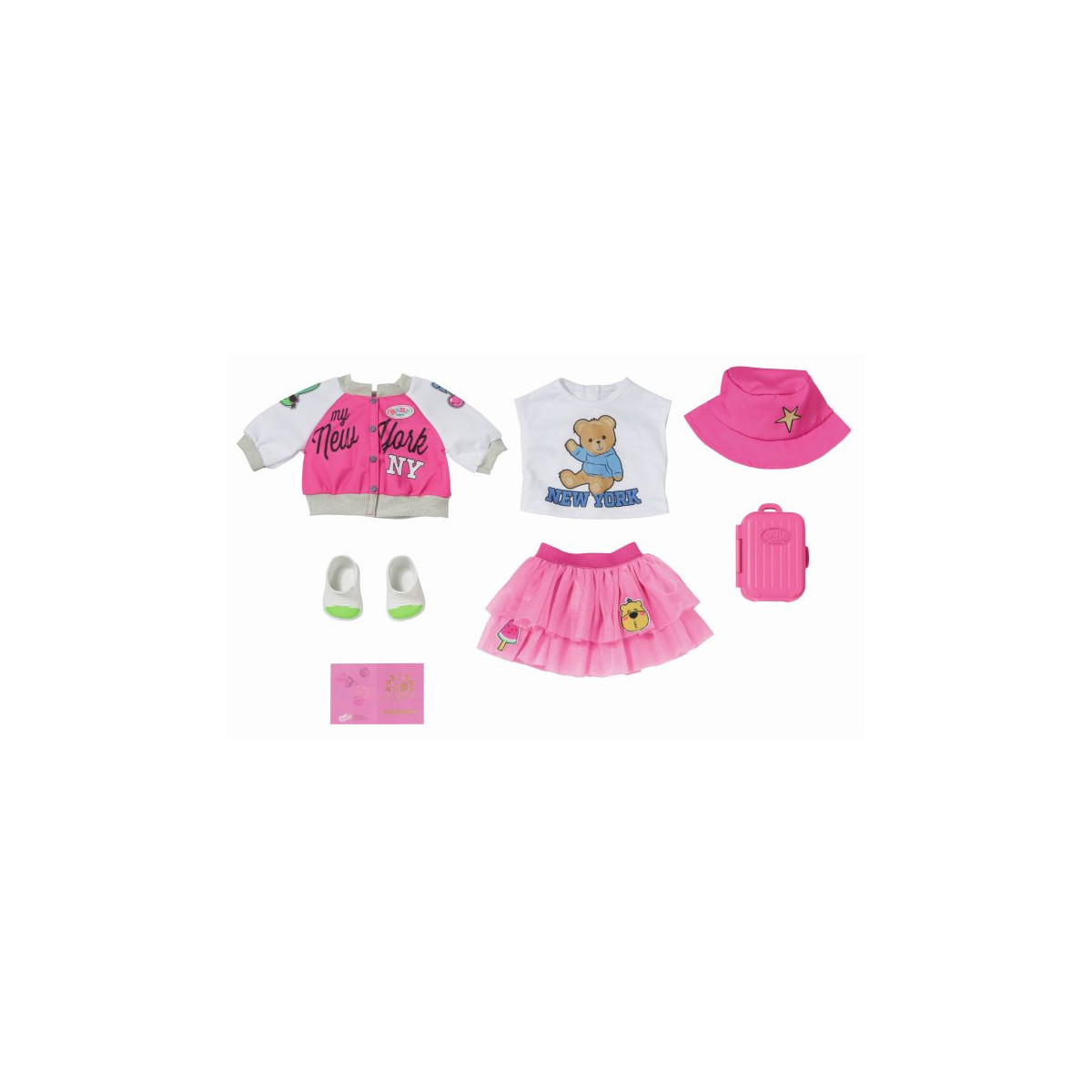 Set mit Puppenkleidung und Zubehör in Pink und Weiß: Rock, Jacke, Hut, Schuhe, Koffer und Shirt.