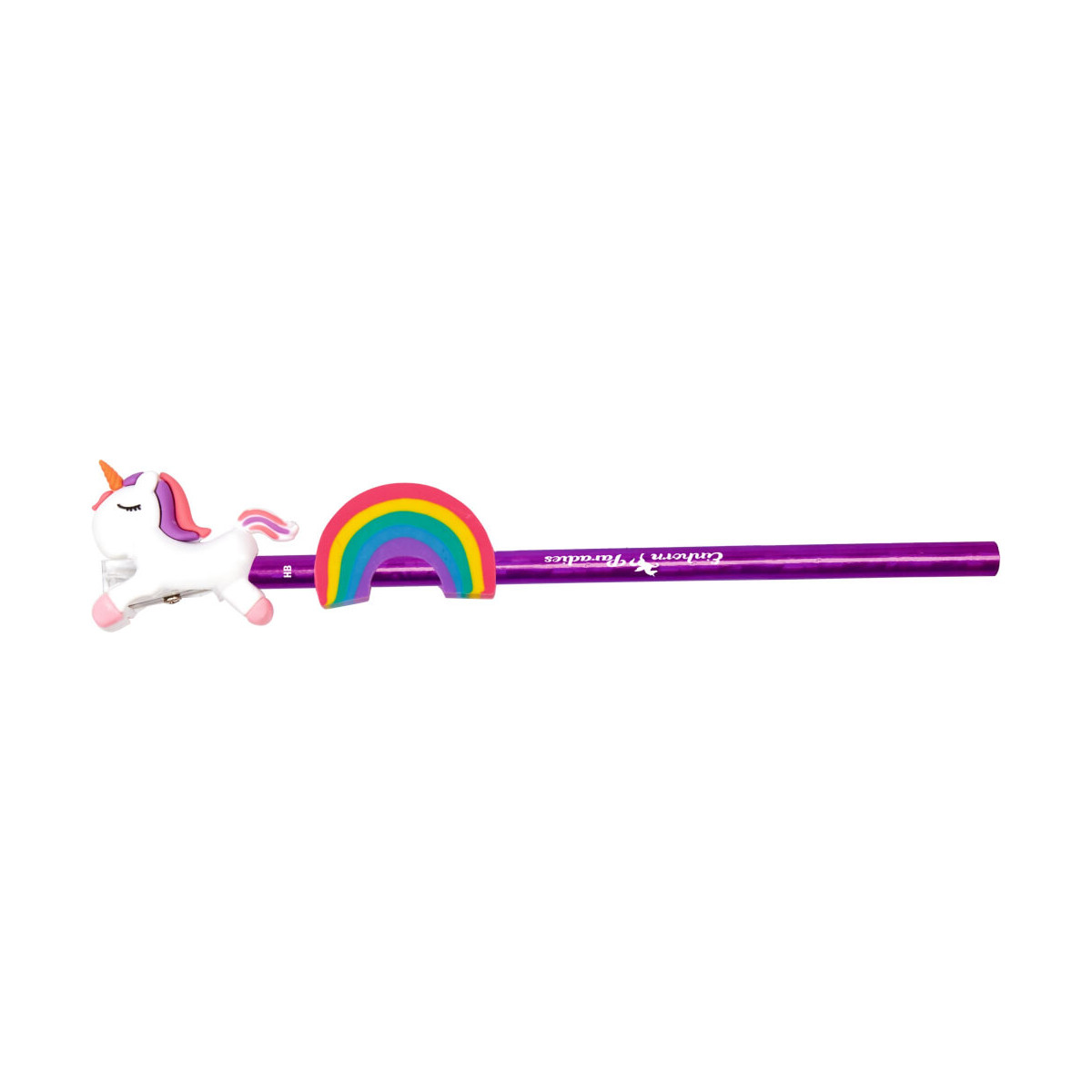 Lila Bleistift mit Einhorn und Regenbogen-Radiergummi am oberen Ende.