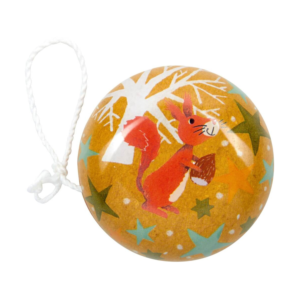 Rundes Ornament: Rotes Eichhörnchen mit Eichel, weißer Baum, Sterne und weiße Aufhängeschnur.