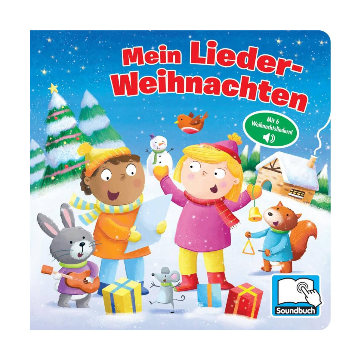 Zwei Kinder spielen und singen im Schnee mit Tieren, umgeben von Geschenken und einem Weihnachtsbaum.
