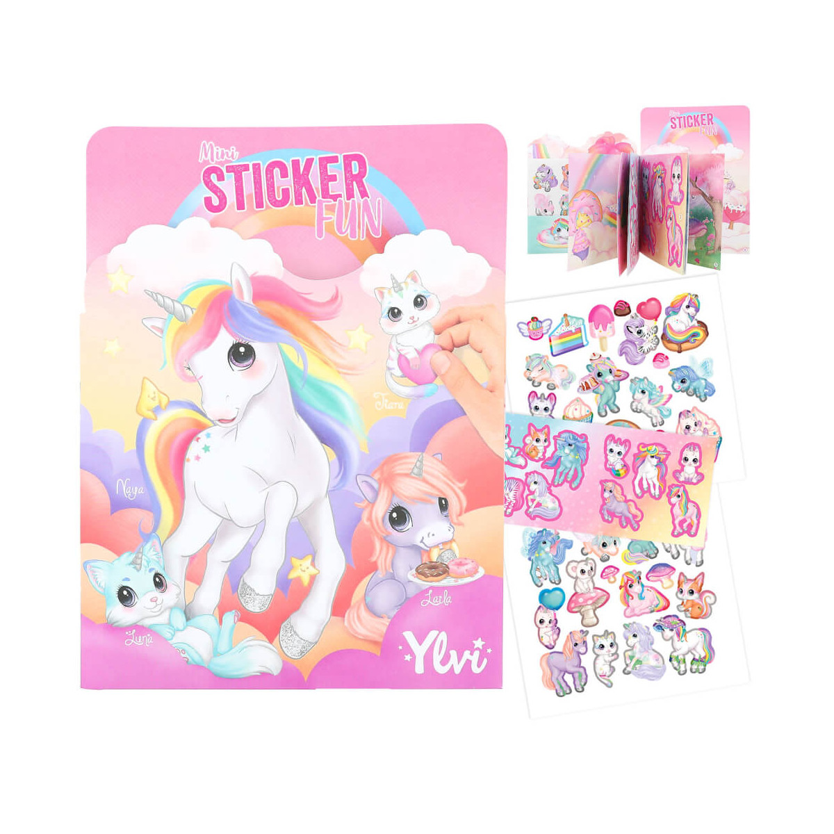 Stickerbuch (rosa) mit Einhorn-, Katzen- und Hasenmotiv, dazu mehrere bunte Stickerbögen.
