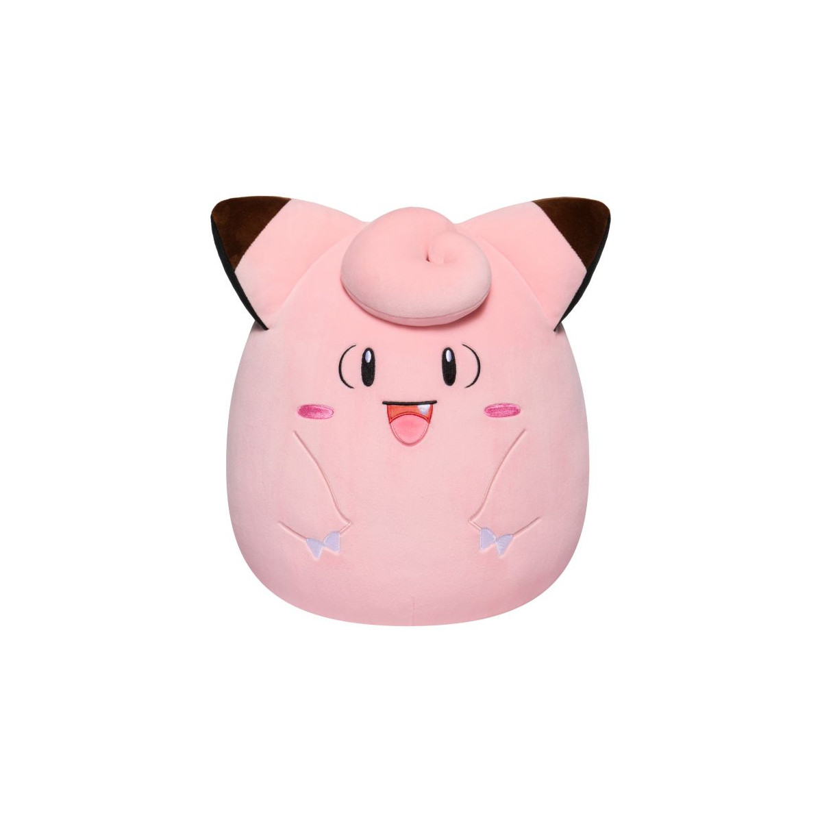 Plüschfigur des pinken, runden Pokémon Piepi mit spitzen Ohren und Wirbel auf der Stirn.