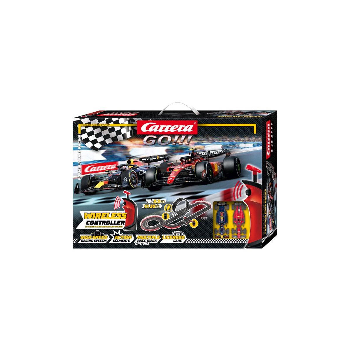 Carrera GO!!! Slotcar-Set mit zwei Rennwagen und kabellosen Controllern.