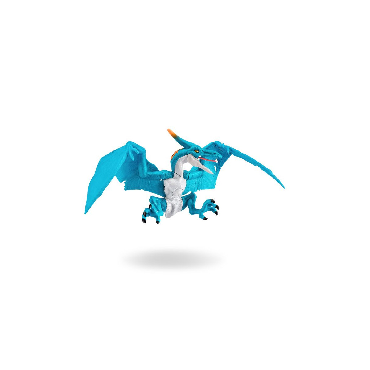 Blaue Pterodaktylus-Spielfigur mit ausgebreiteten Flügeln fliegt über weißen Hintergrund und wirft einen Schatten.